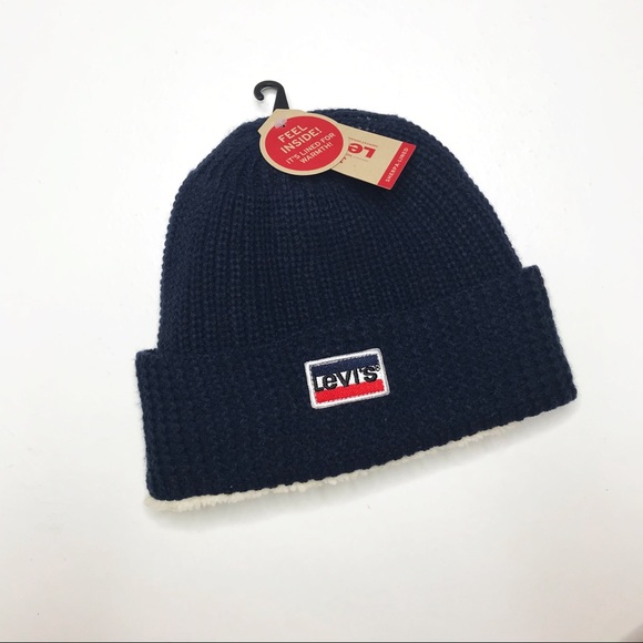 NWT Levi’s Navy Blue Cuffed Faux Fur Lined Beanie - Picture 1 of 6